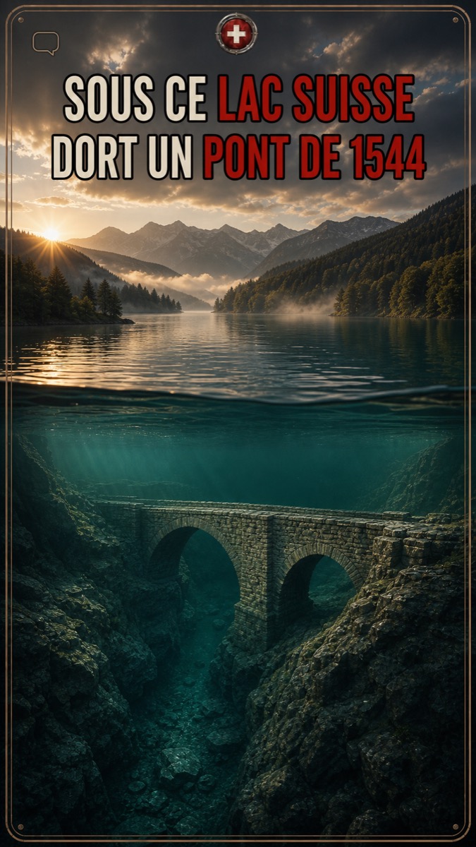 Illustration IA : Pont de Thusy : une route engloutie sous le lac de la Gruyère